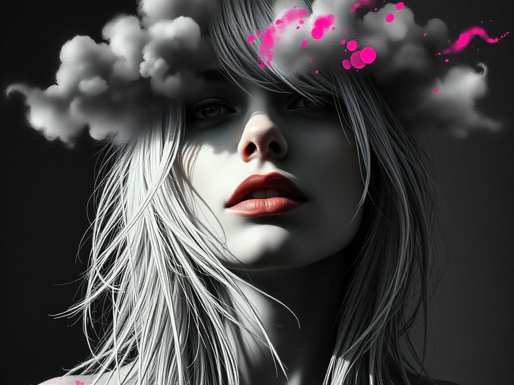 Surreal Cloud-Shaded Female Portrait in Dark Lighting