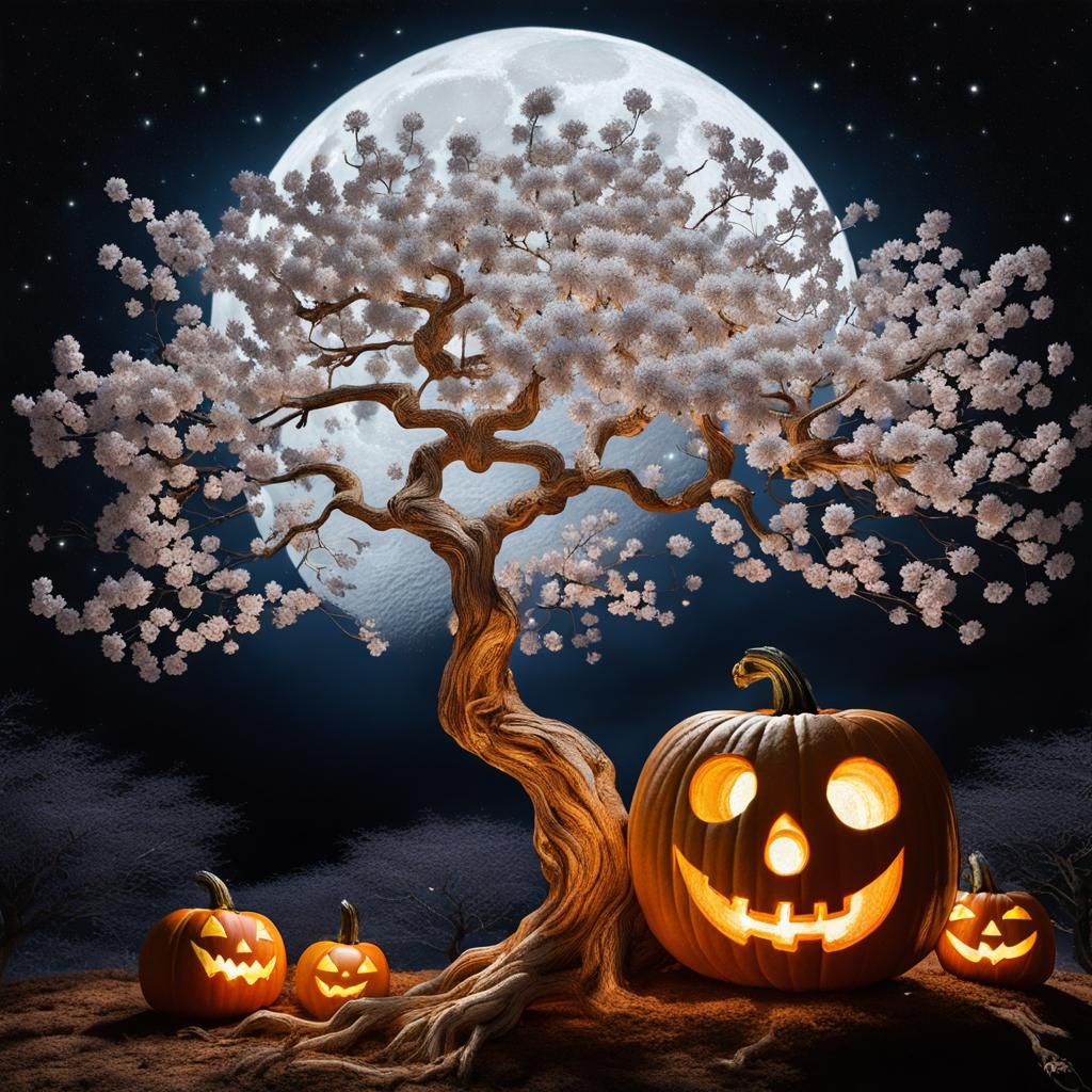 Intricately Carved Pumpkin Jack-o'-Lantern Under Moonlight