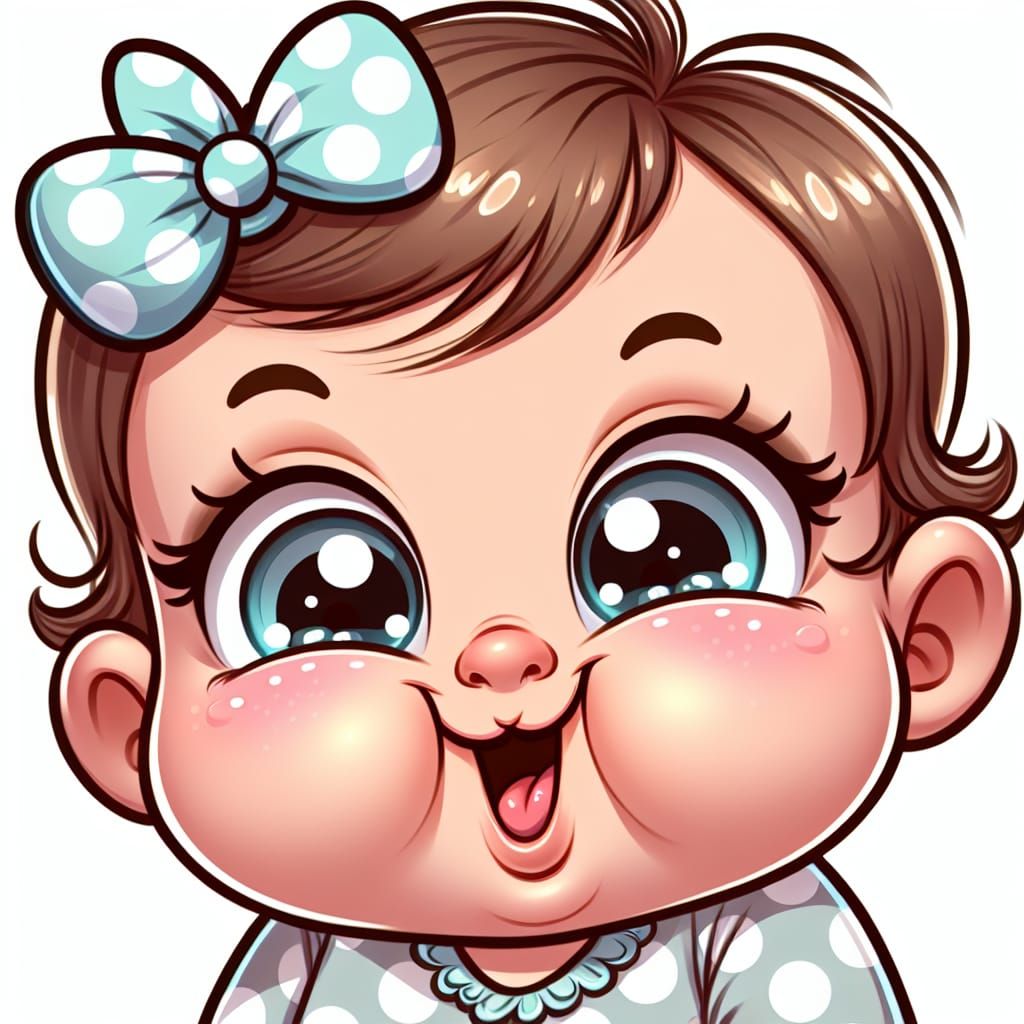 Adorable Cartoon Baby Girl with Polka-Dot Onesie and Bow