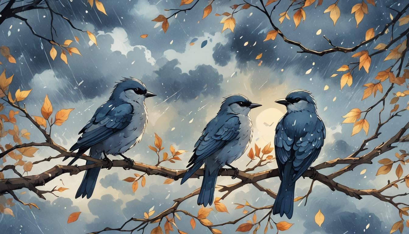Birds in Storm: Vibrant Anime Watercolor Painting