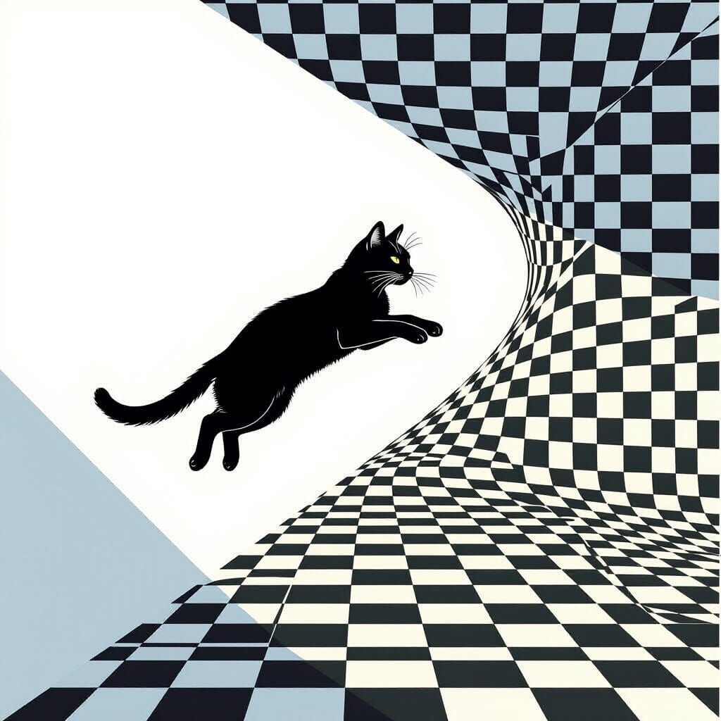 Black Cat Silhouette Leaping, Escher Style