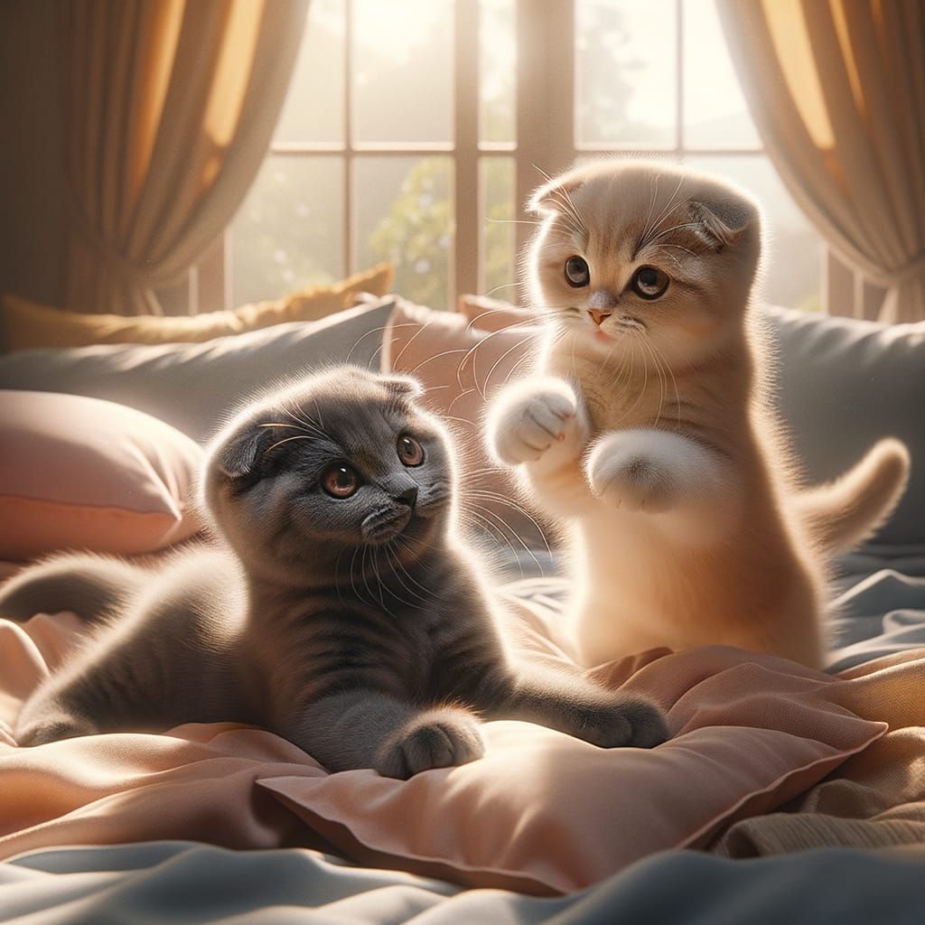 Two Scottish Fold Kittens Play on a Cozy Bed in Ultra-Realis...