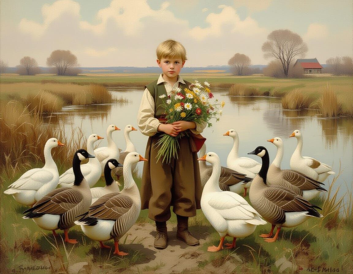 Impressionistic Ukrainian Boy with Geese in Meadow