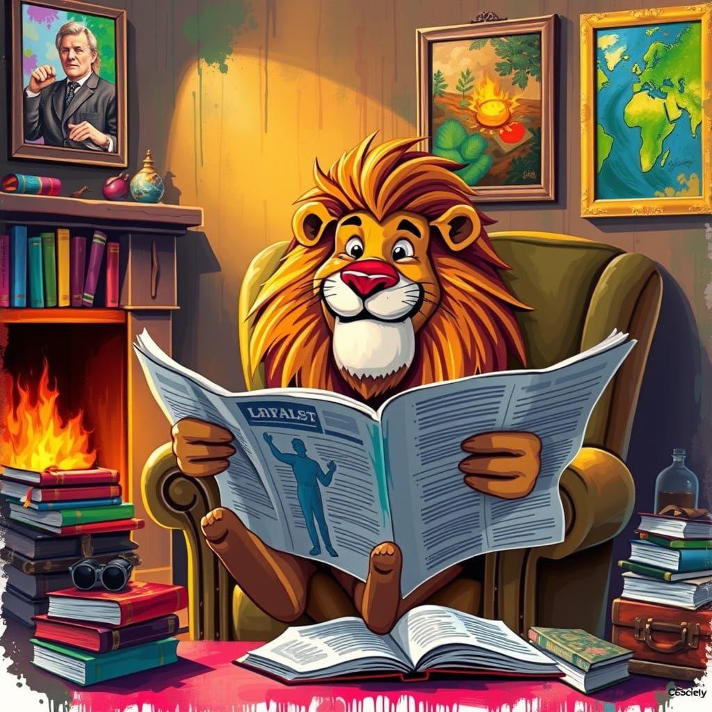 Calm Intellectual Lion Surrounded by Art and Literature