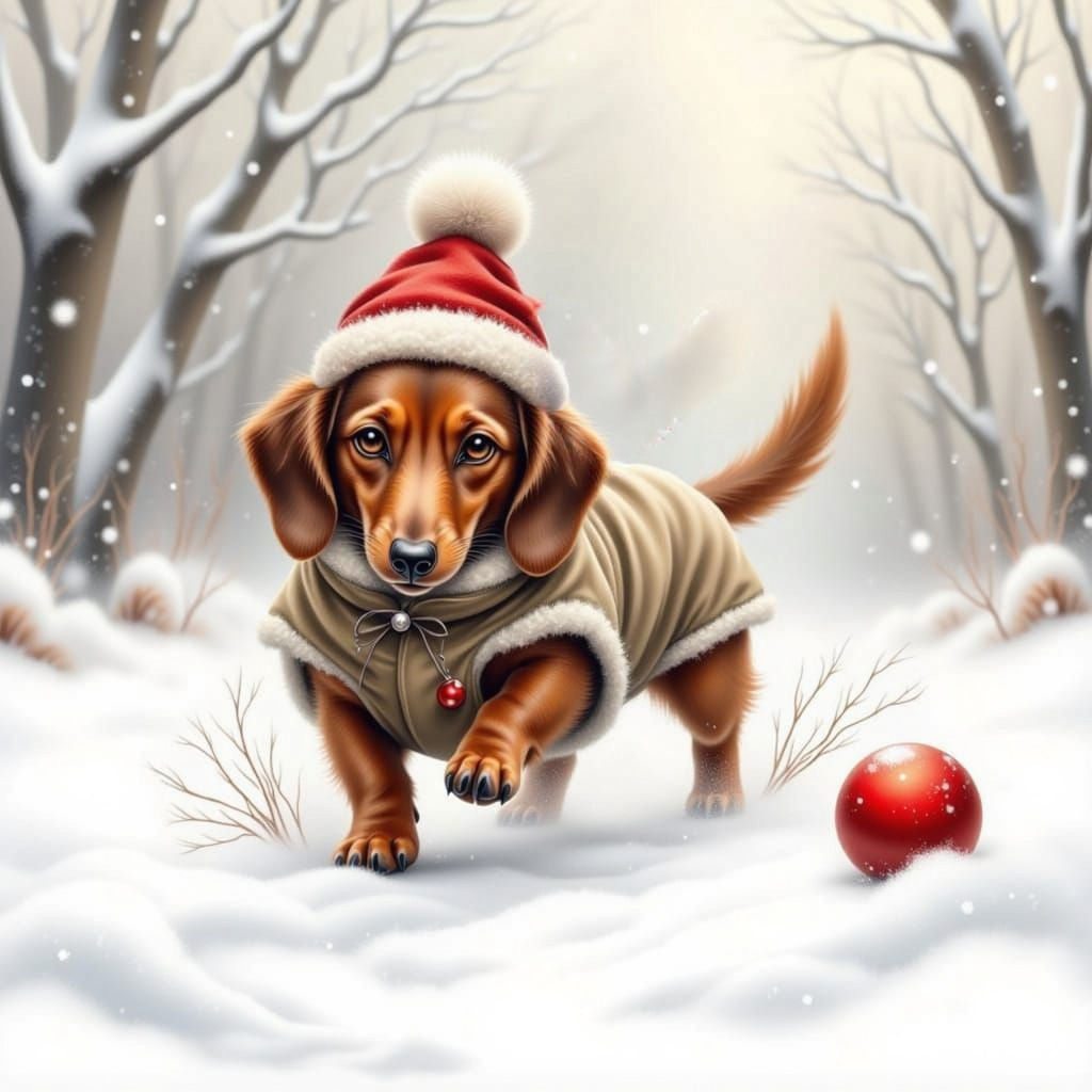 Dachshund Puppy Playing in the Winter Snow