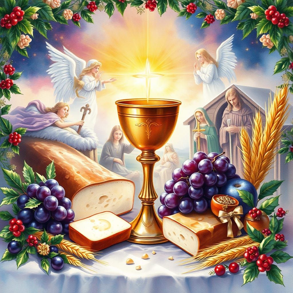 Watercolour Painting of the Eucharist with Festive Christmas...