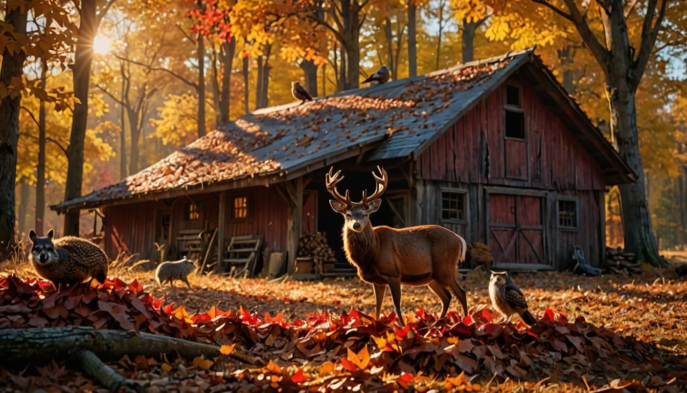 Autumn Animals Gather At Barn, Hyper-Realistic 3D Art