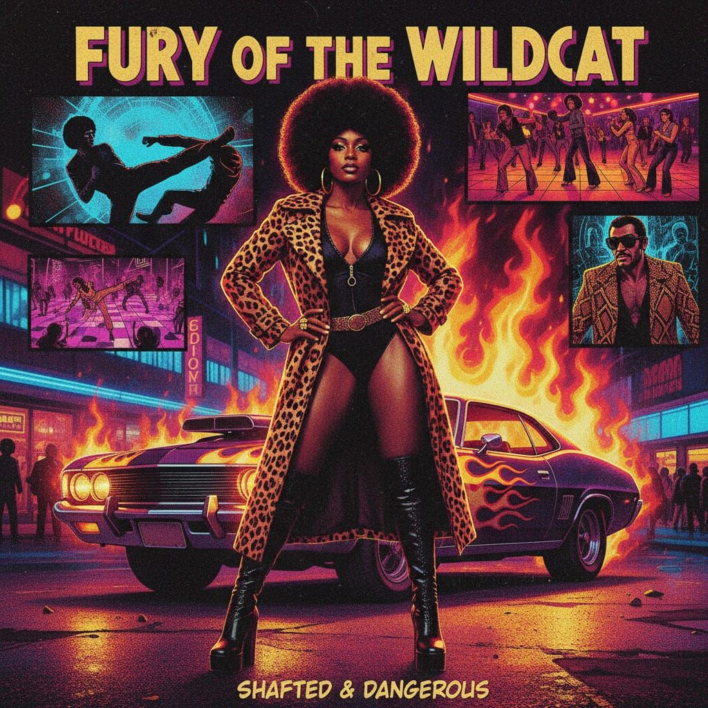 Blaxploitation Heroine in Neon Cityscape