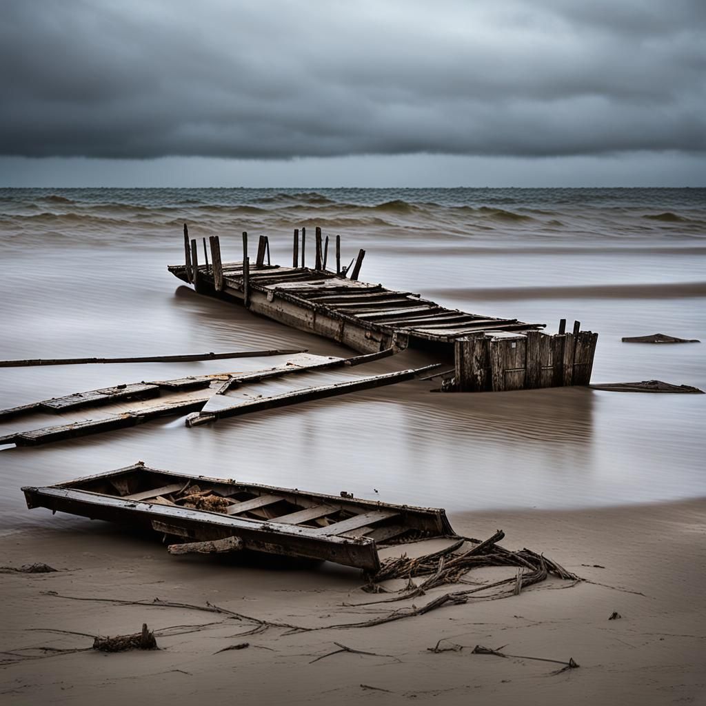 Gloomy Abandoned Beach With Decaying Pier