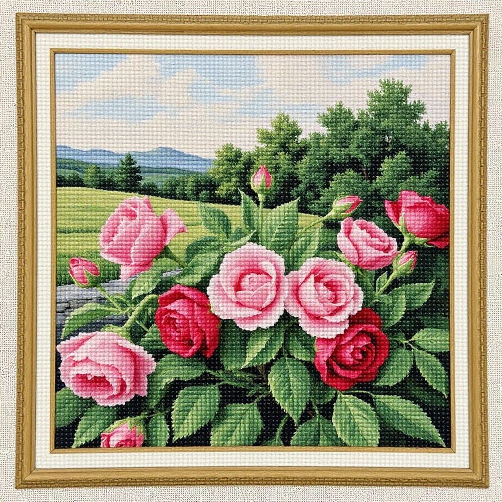 Whimsical Cottagecore Roses in Needlepoint Style