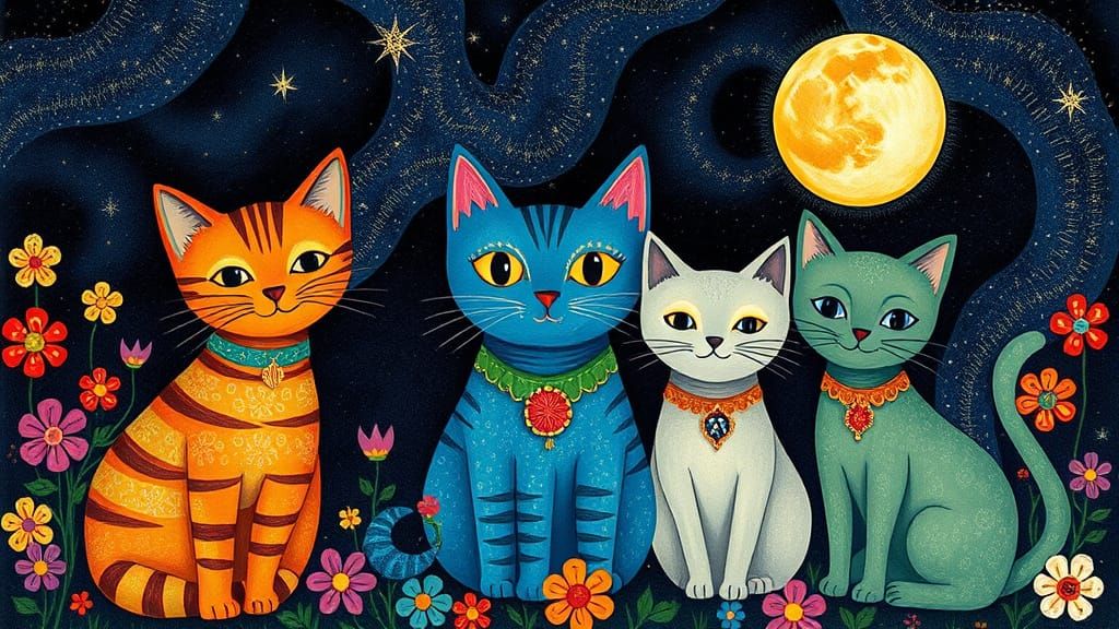 Enchanting Folk Art Cats Under Starry Night Sky