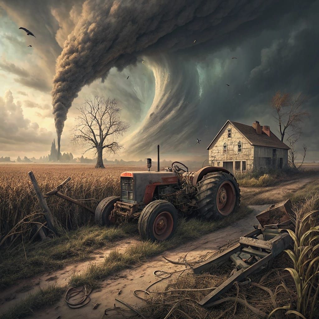 Abandoned Tractor in Storm-Ravaged Farmland