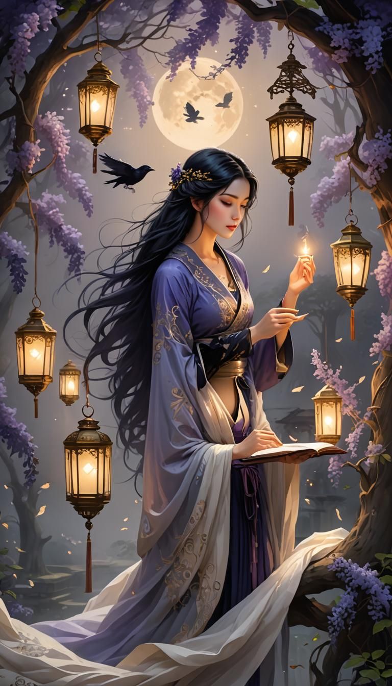 Poetess Writes Calligraphy in Mystical Surrealist Garden