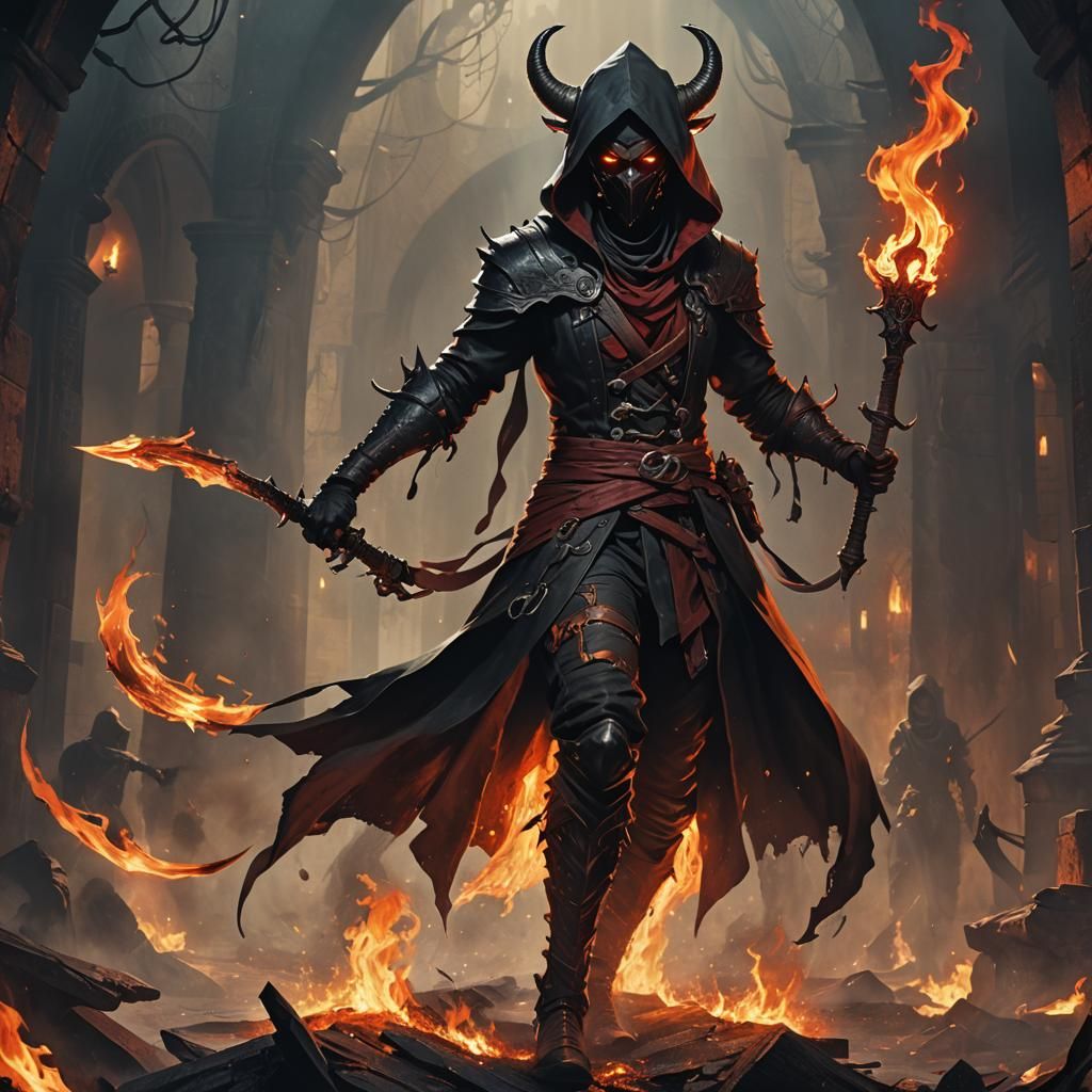 Tiefling Assassin with Flaming Eyes in Dark Fantasy Style