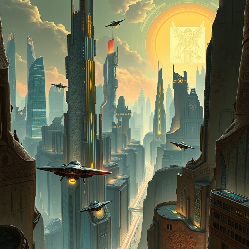 Futuristic Cityscape with Glowing Tribal Tattoos and Flying ...