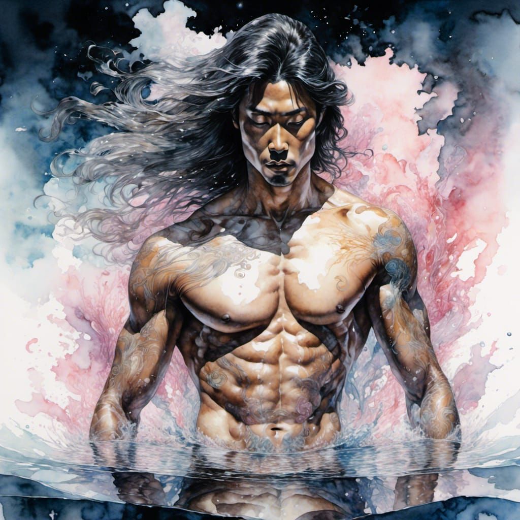 Ethereal Asian Man Double Exposure Portrait in Digital Art