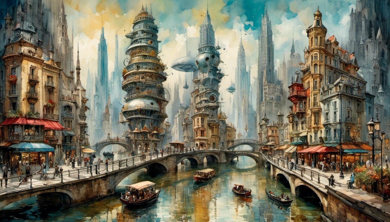 Retro-Futuristic Metropolis with Anthropomorphic Eye