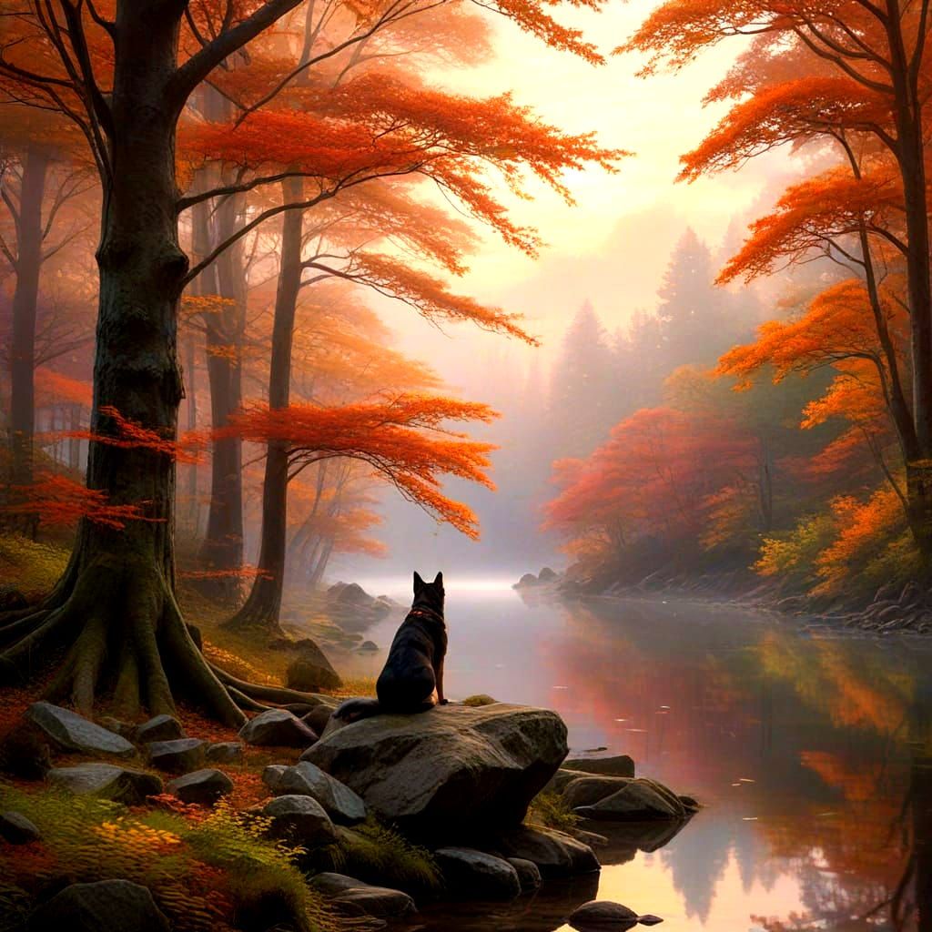 Serene Forest Clearing at Twilight with Ethereal Dog