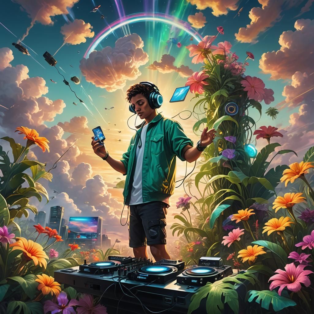 DJ in Paradise: Hyperrealistic Digital Art in the Sky
