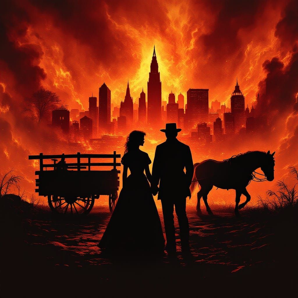 Fiery Silhouette: Couple Amidst Volcanic Eruption