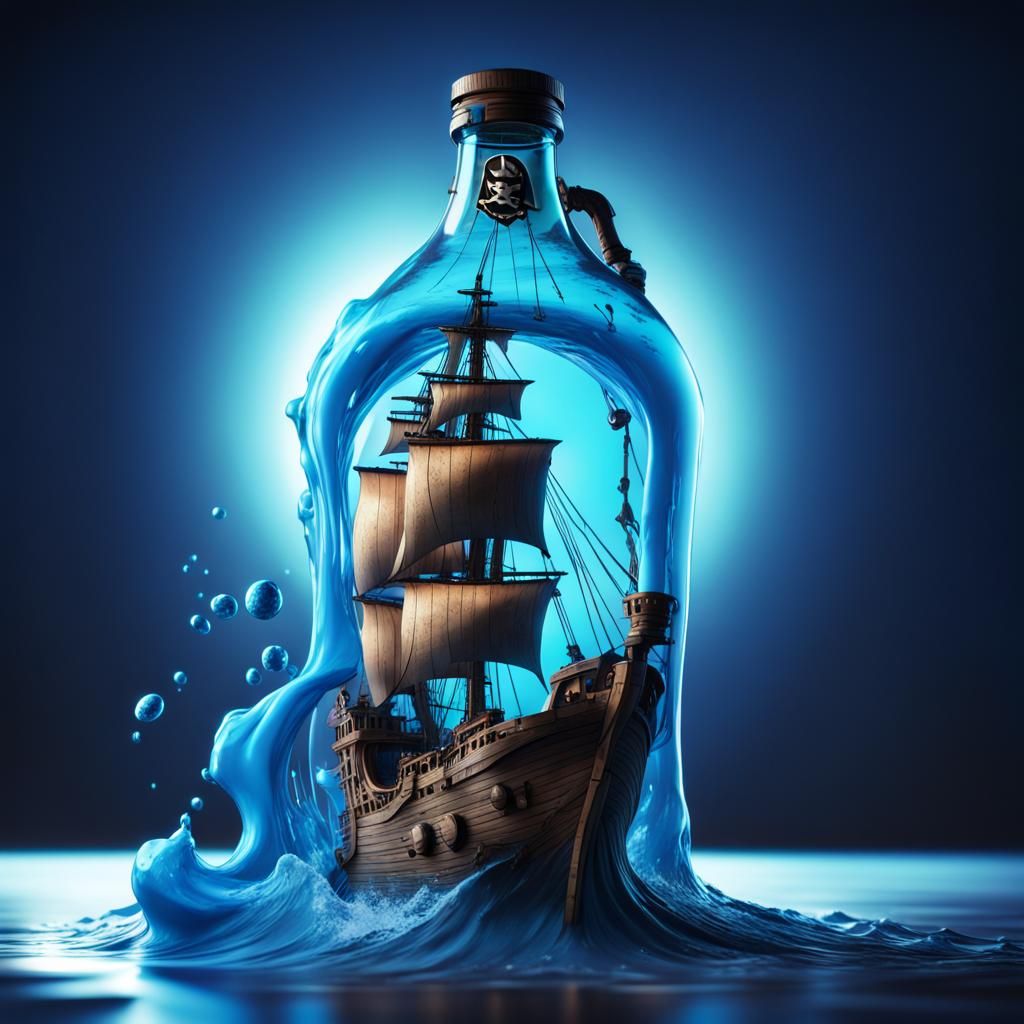 Pirate Ship Emerges from Overturned Bottle