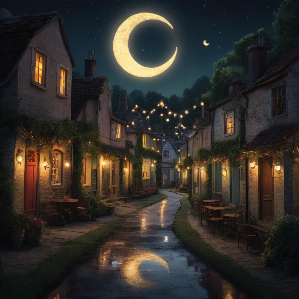 Glowing Guitar Lights in Quaint Village Nightscape