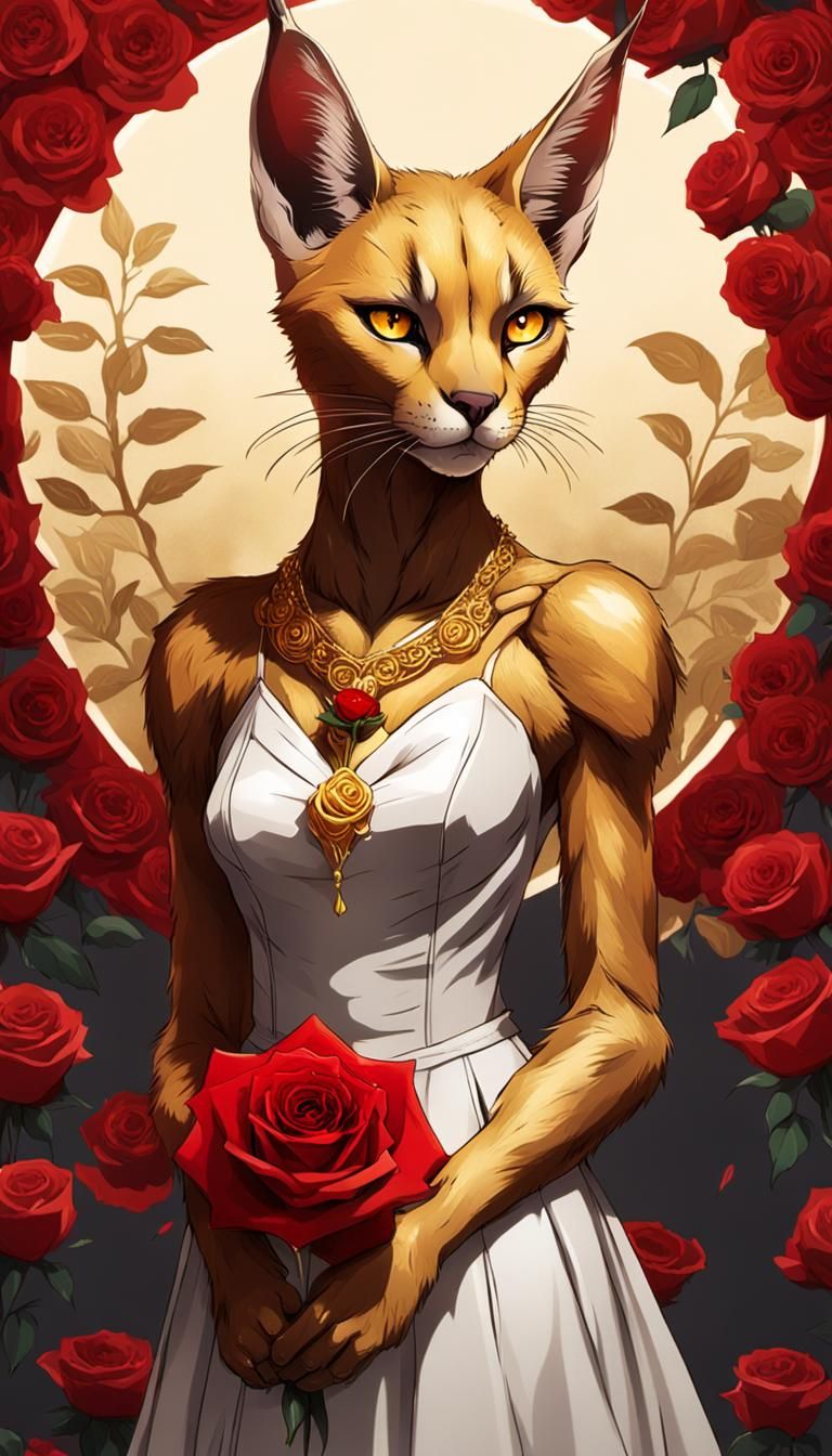 Sensual Caracal with Rose in Anime Key Visual
