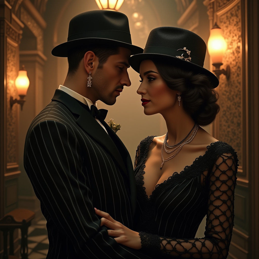 Elegant Couple in 1920s Mafia Style, Matte Painting