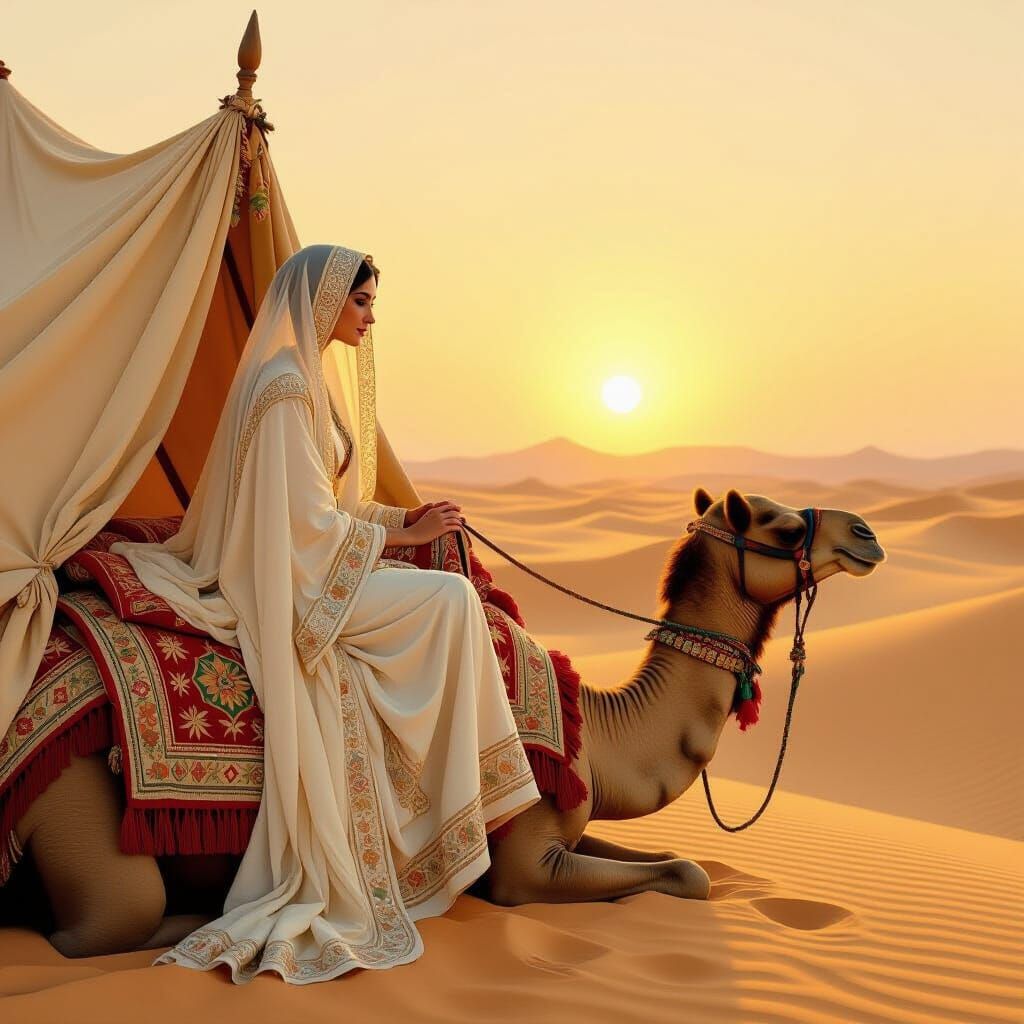 Desert Bride Approaching Tent in Art Nouveau Style