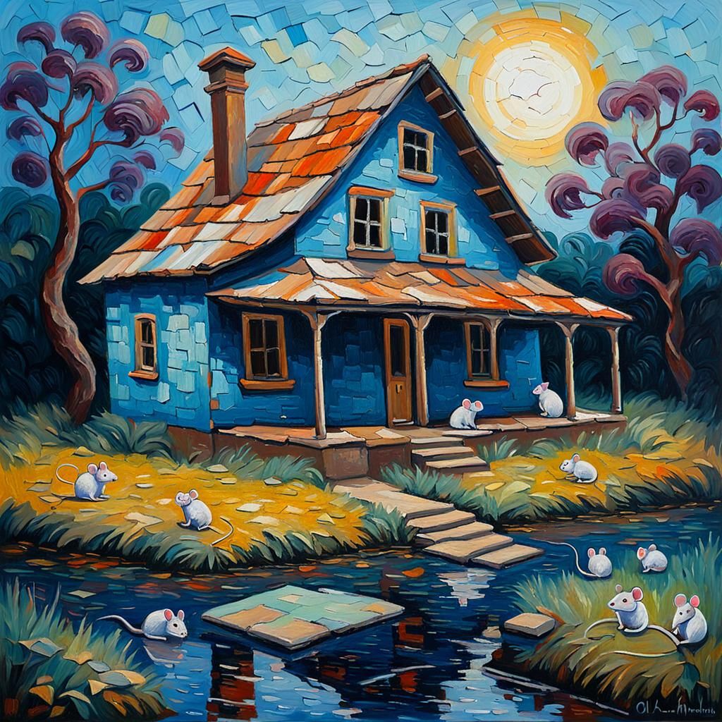 Abandoned House with Mice in Expressionist Style