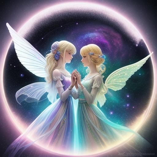 Cosmic Fairies in Astral Mixed Media Illustration