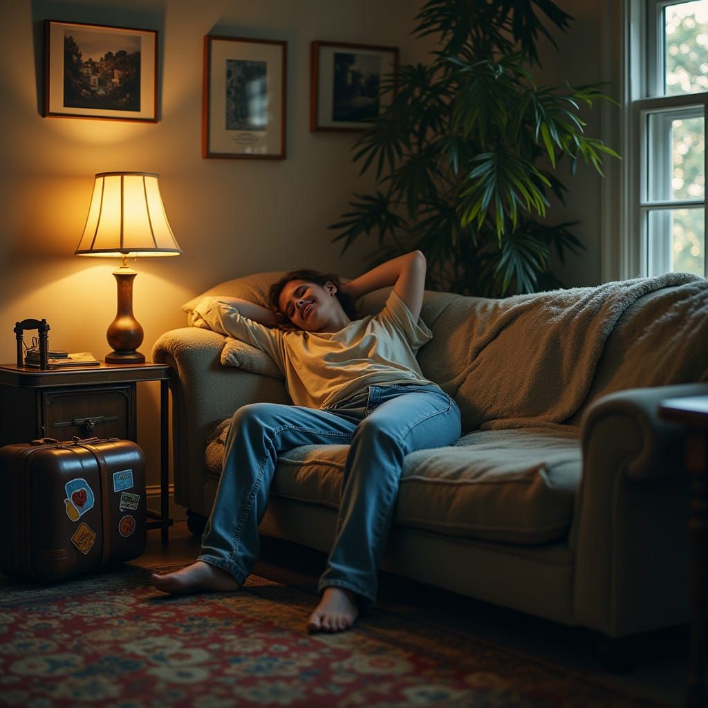 Relaxing Homecoming: Weary Traveler Finds Comfort in Familia...