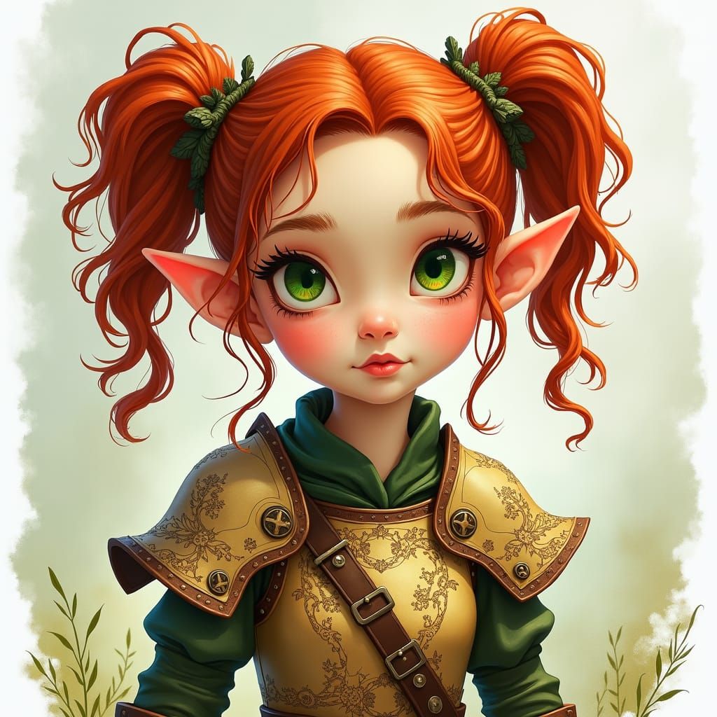 Gnome Girl with Red Hair in Fantasy Art Style