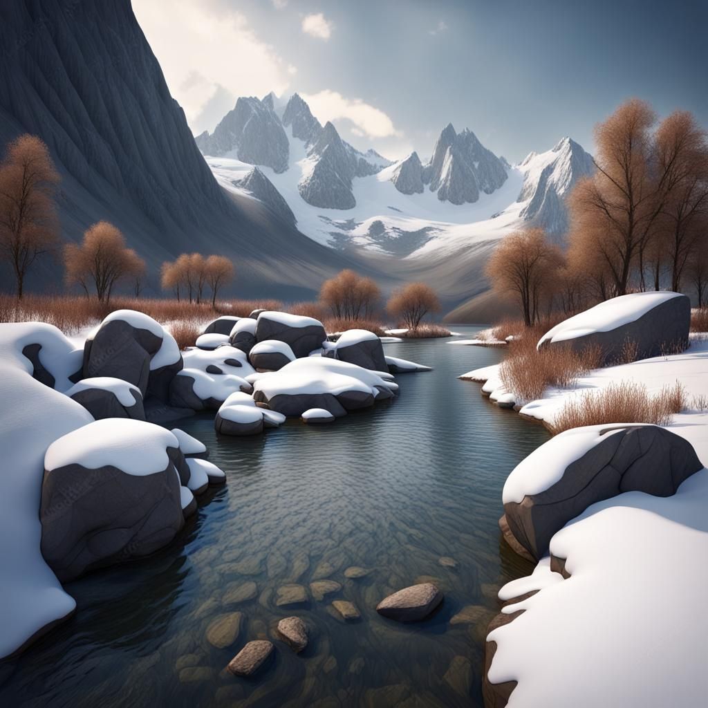 Winter Lake Scene with Snow-Capped Peaks