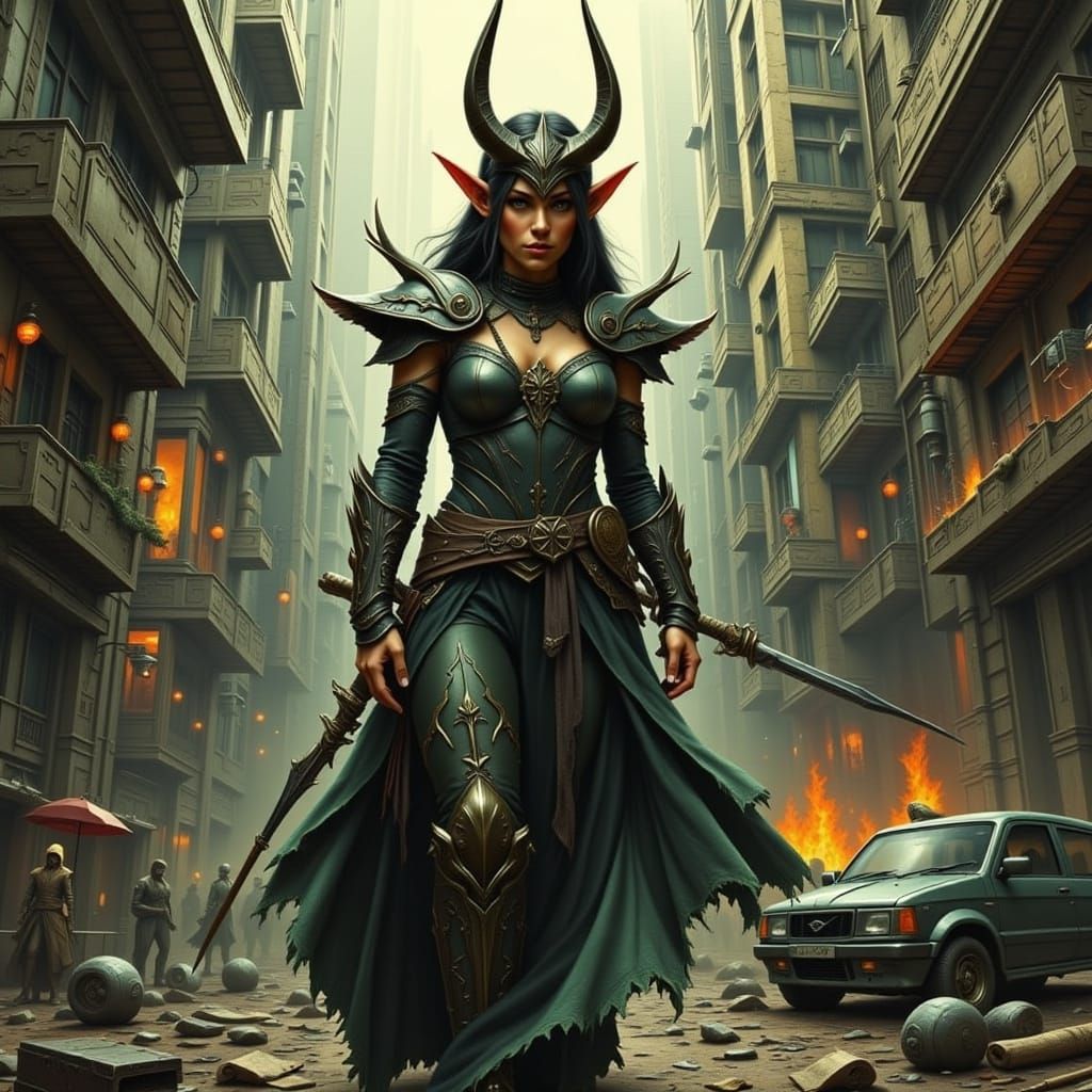 Dystopian Elf in Cyberpunk Cityscape