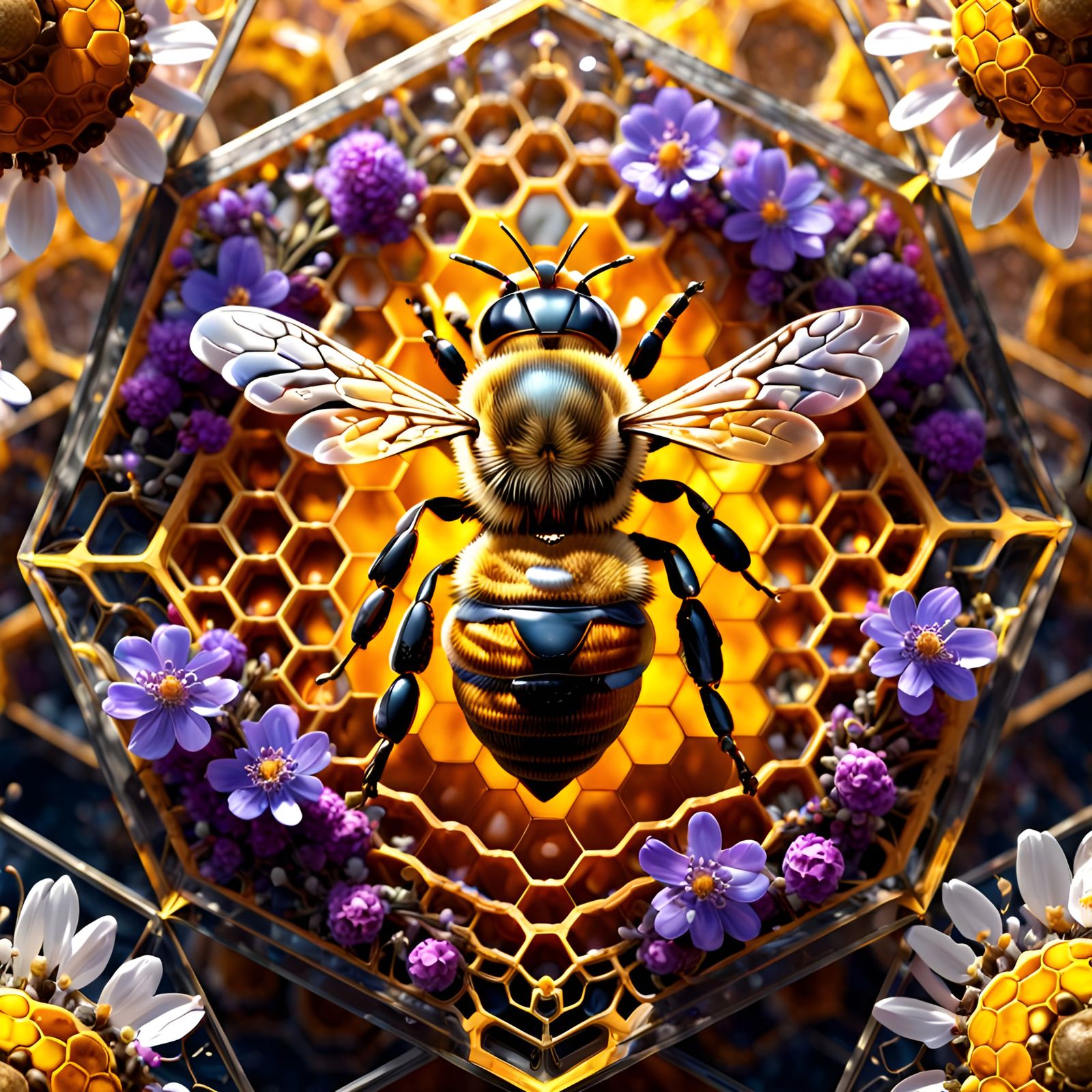 Honeybee on Fractal Honeycomb with Glass Effect