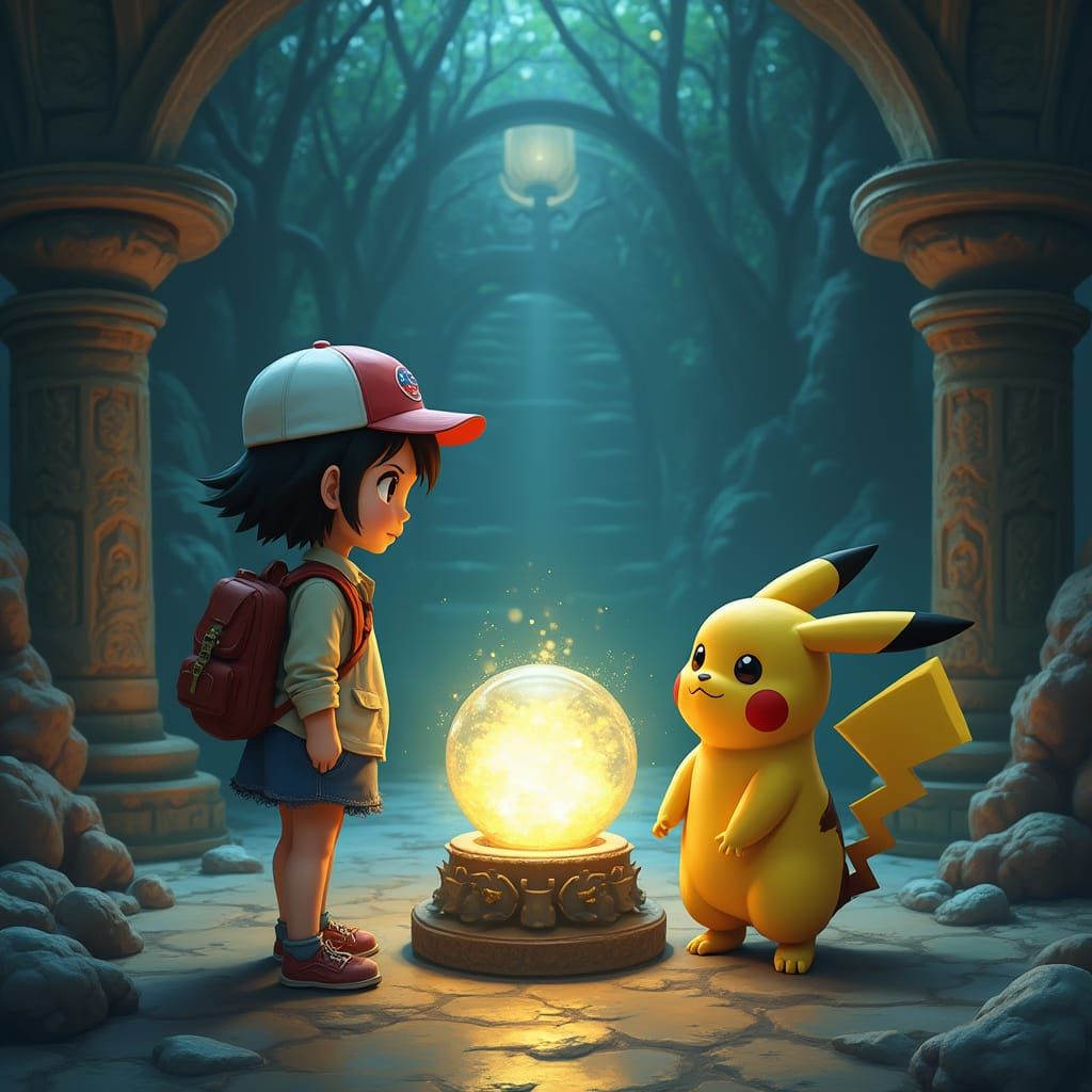 Whimsical Fantasy Portrait of Pikachu and Trainer in Mystica...
