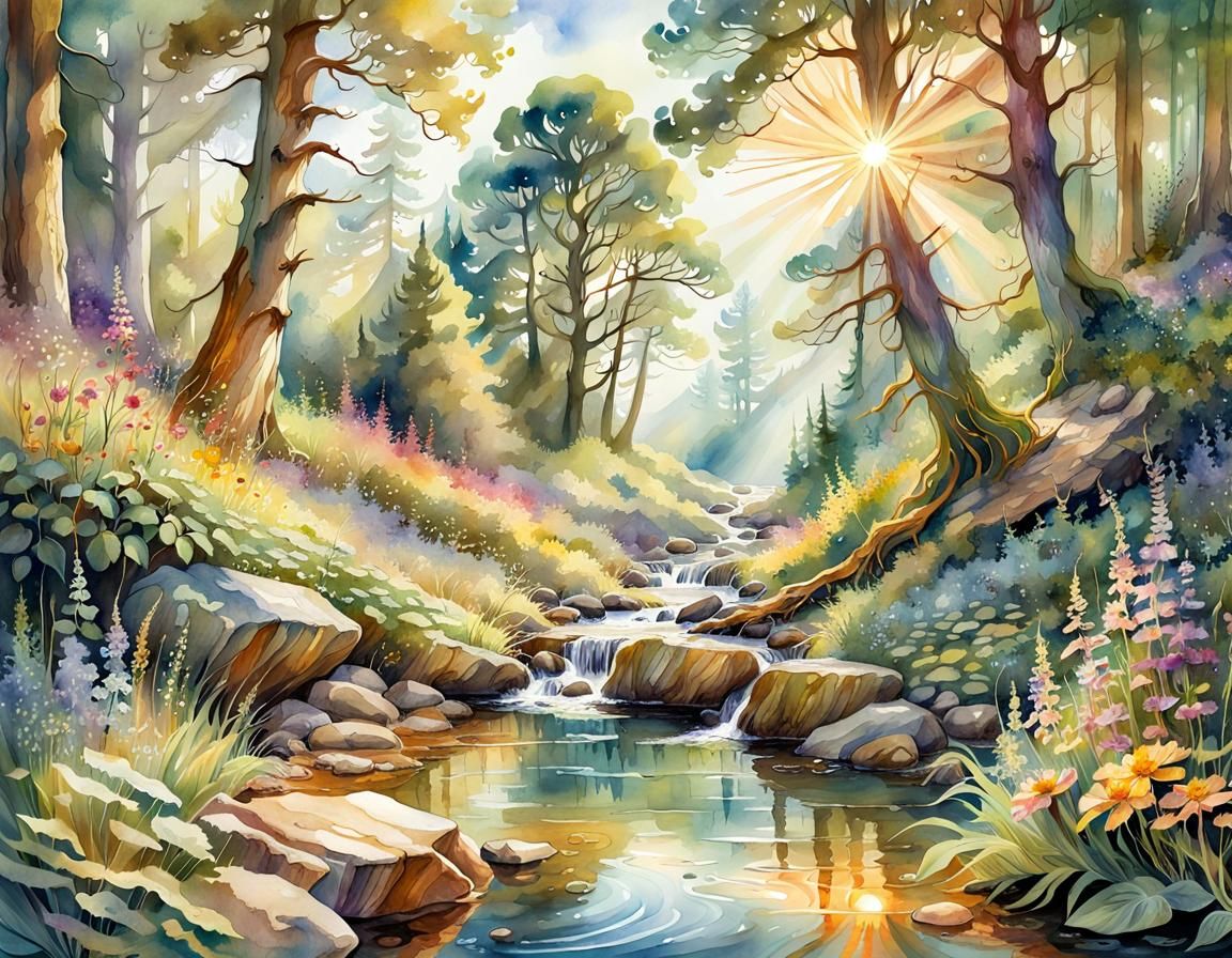 Watercolor Forest Stream in Sunlight