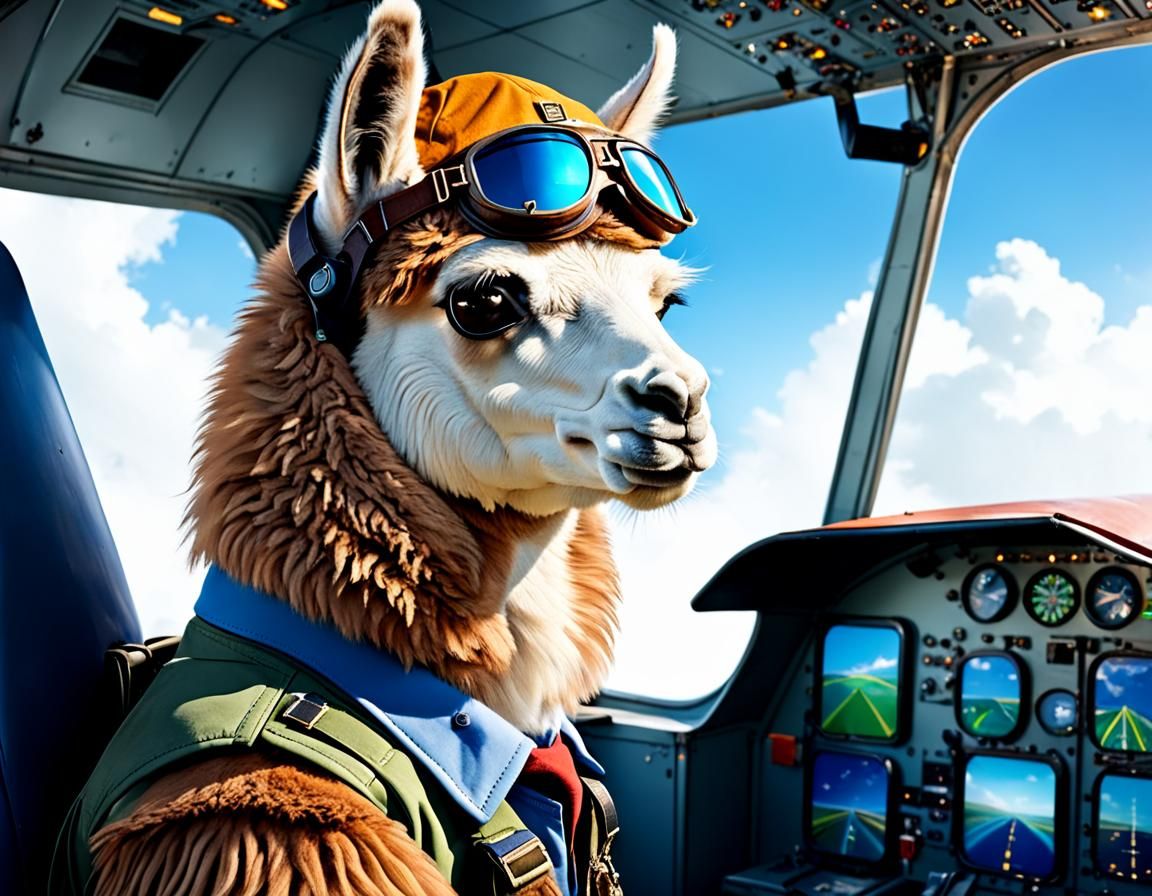 Llama Pilot Flying a Big Airplane