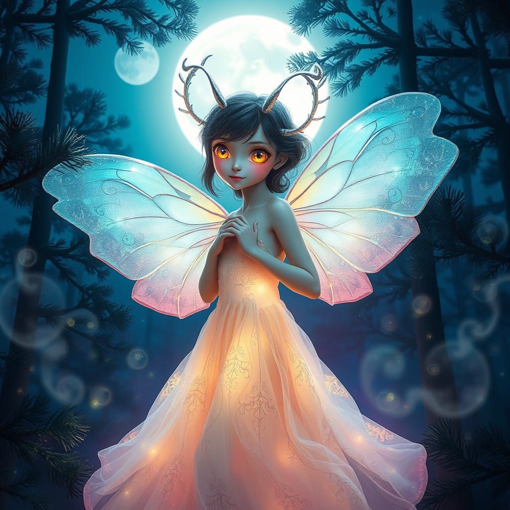 Ethereal Moth Girl Under Crystal White Moonlight
