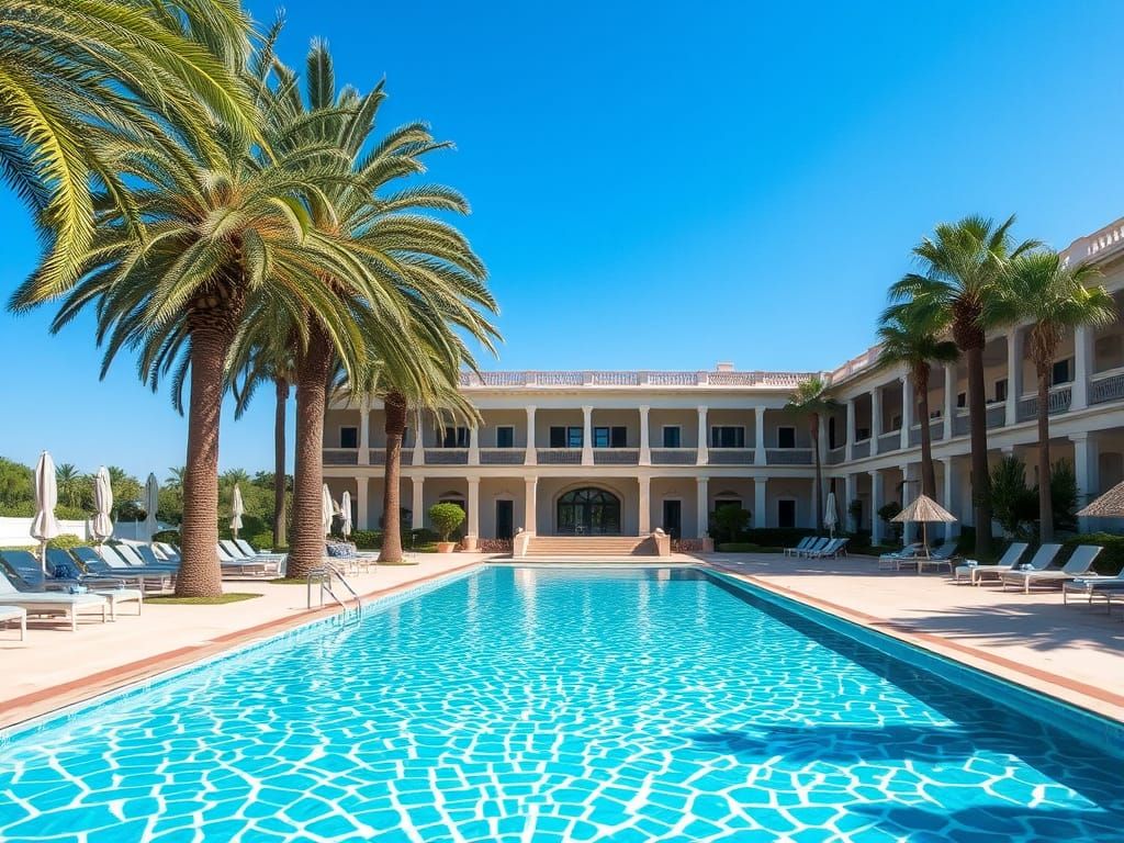 Luxurious Palace Oasis with Palm Tree and Swimming Pool