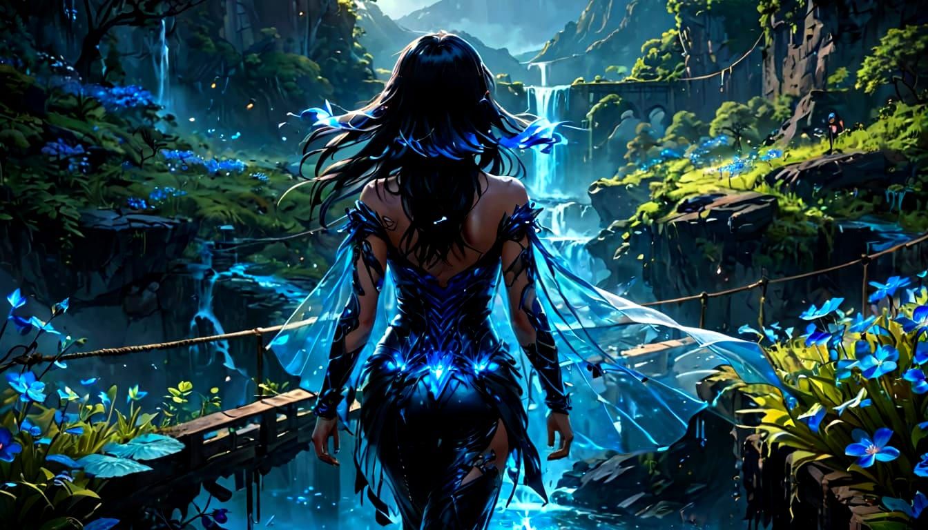 Bioluminescent Bridge Walker in Solarpunk Style