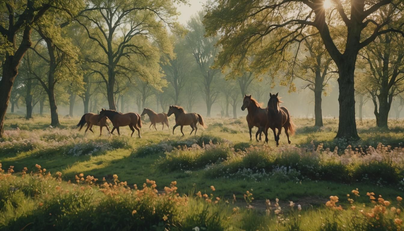 Horses in Idyllic Landscape, Cinematic Film Still