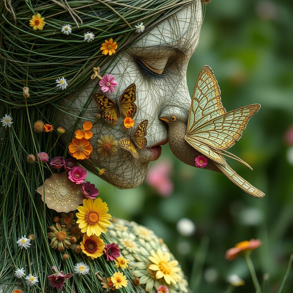 Ephemeral Eco-Art: Woman of Strings Kissing Butterfly Bird