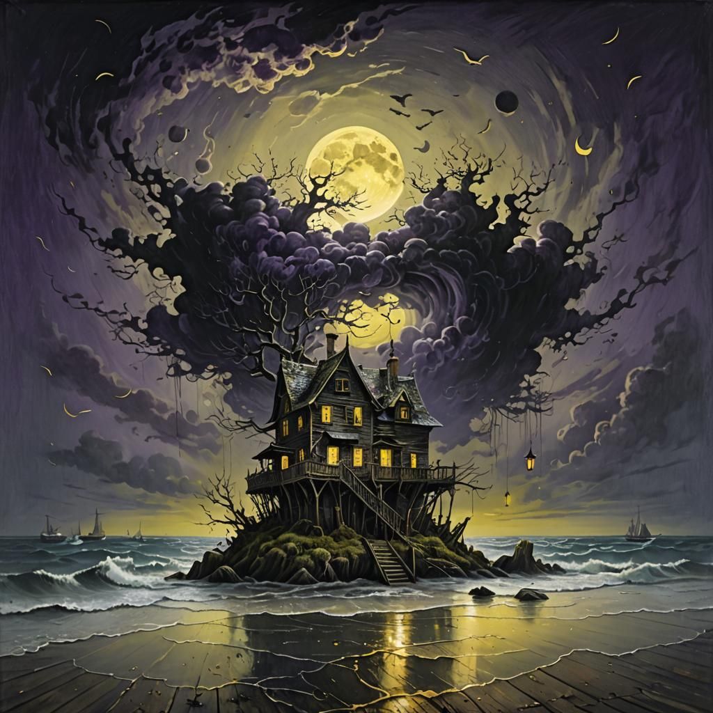 Sinister Island House in Gustave Doré Style