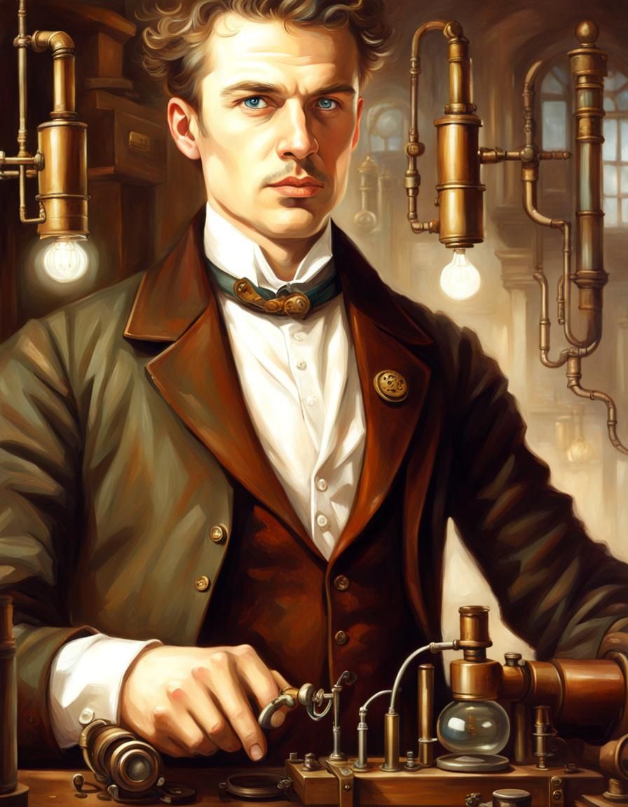 Steampunk Scientist in Electricity Lab Oil Painting