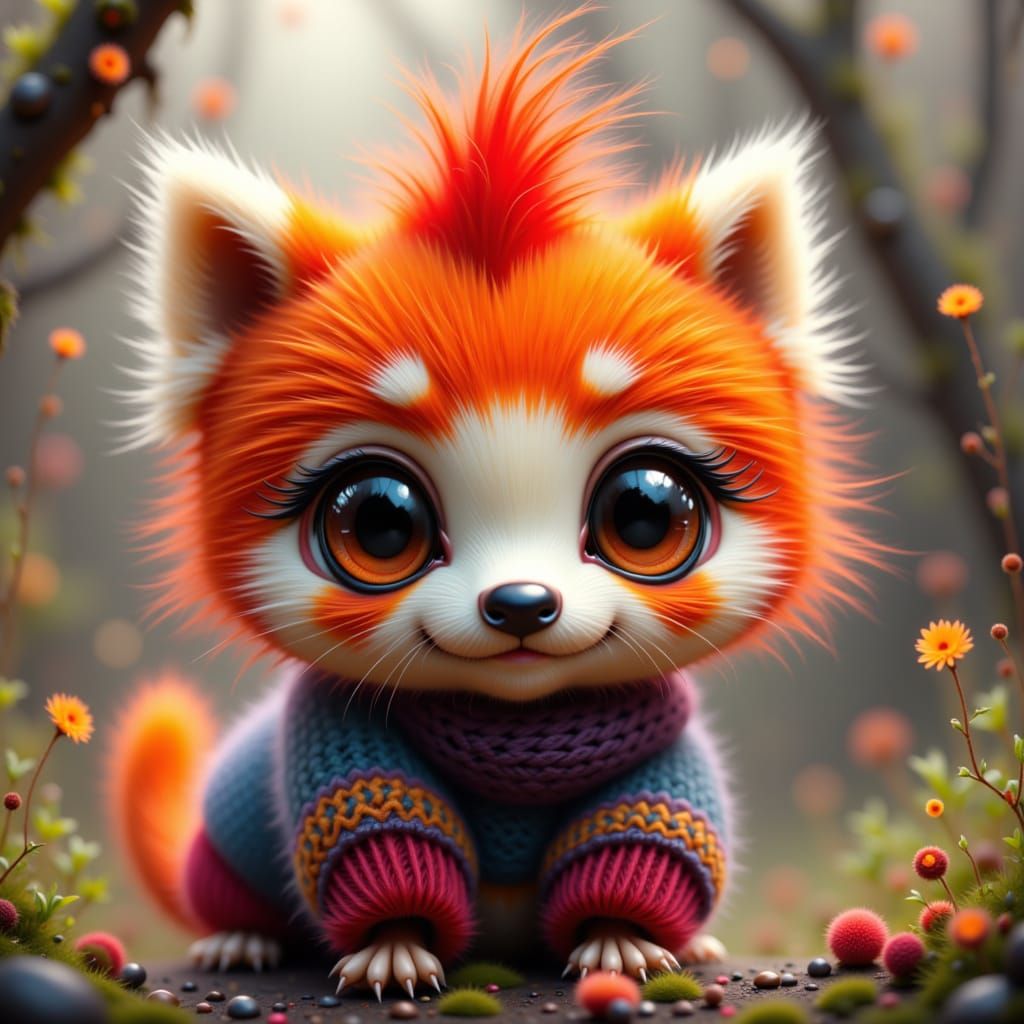 Whimsical Red Panda with Mohawk, Digital Art