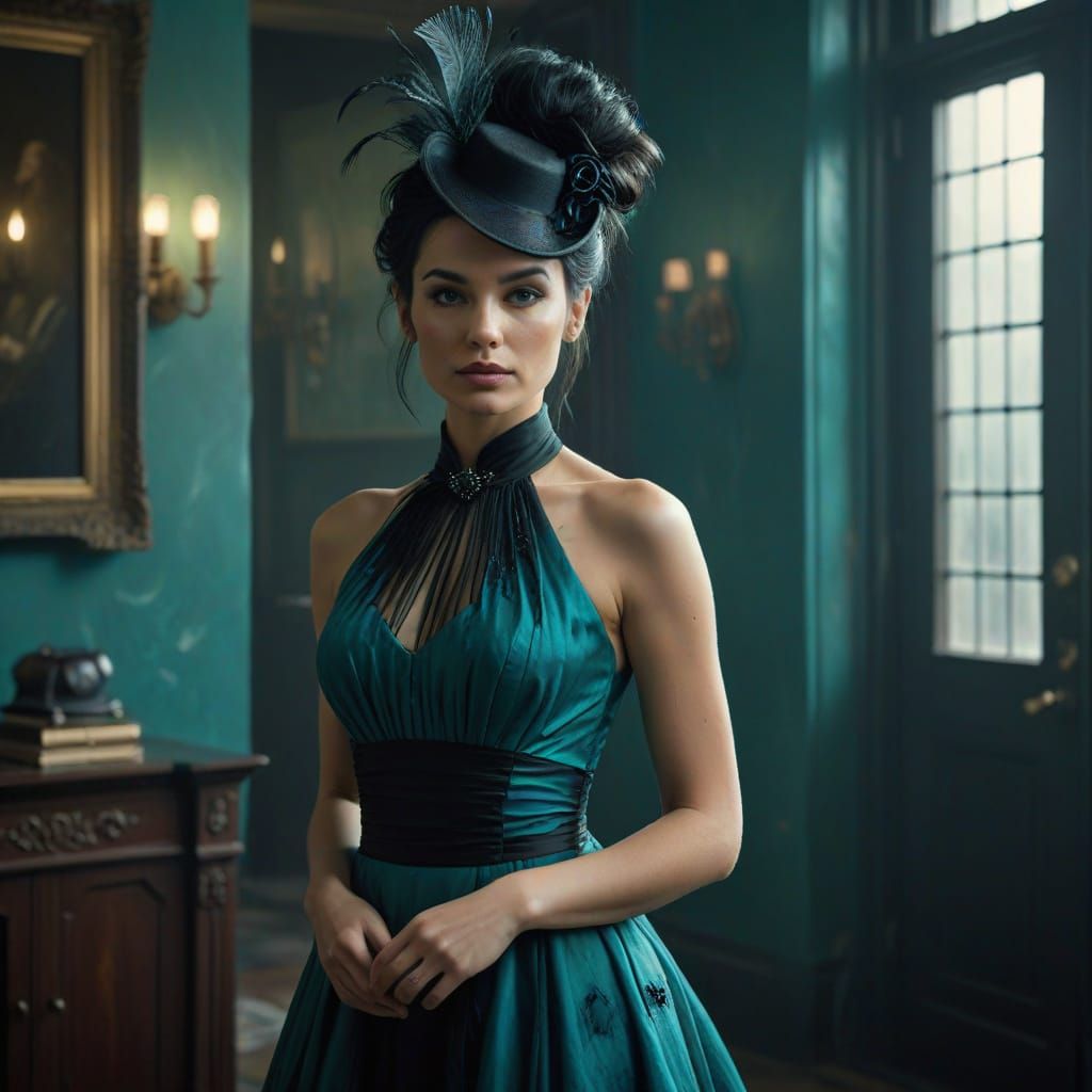 Elegant Teal Dress with Tiny Top Hat