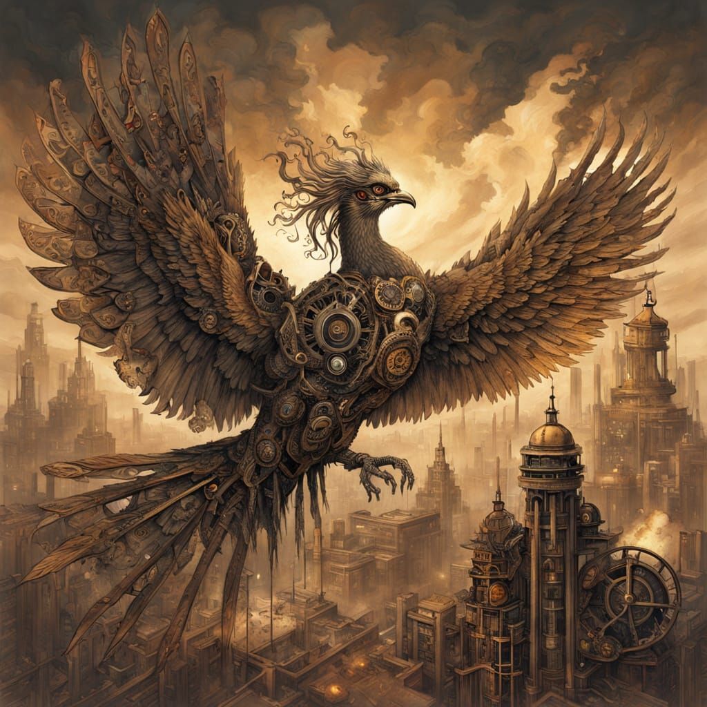 Steampunk Phoenix Rising from Clockwork City Ruins