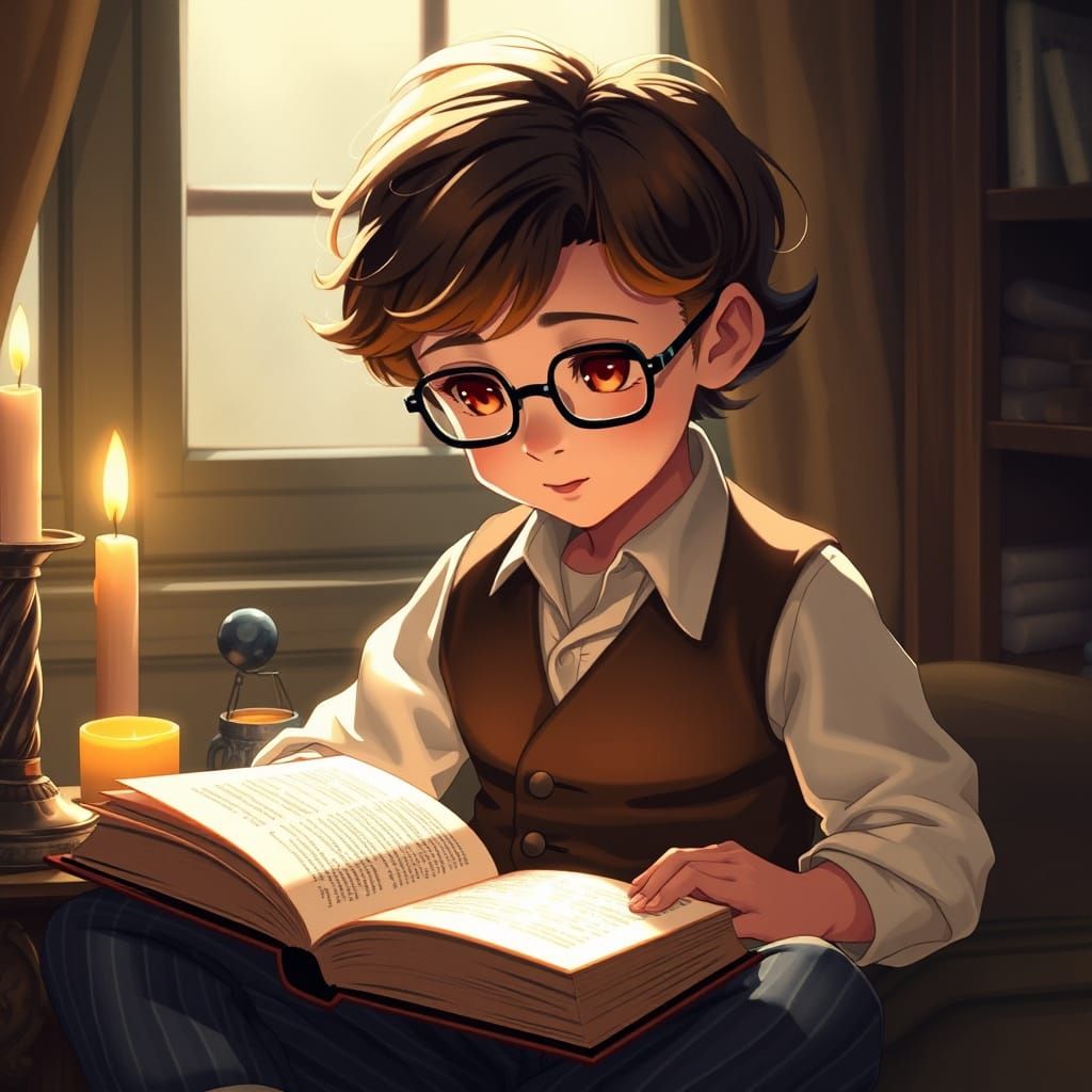 Boy Reading by Candlelight in Anime Style